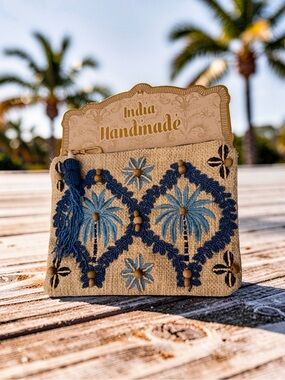 Beige & Blue Embroidered Palm Wristlet